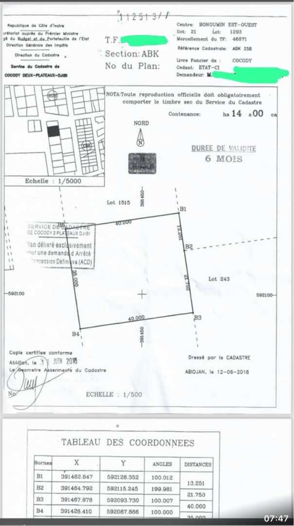 Vente d'un Terrain à 750.000.000 FCFA  : Abidjan-Cocody-Riviera (Attoban )